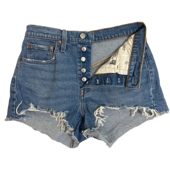 Levi’s 501 Distressed High-Rise Denim Shorts - Blue - Picture 2 of 9